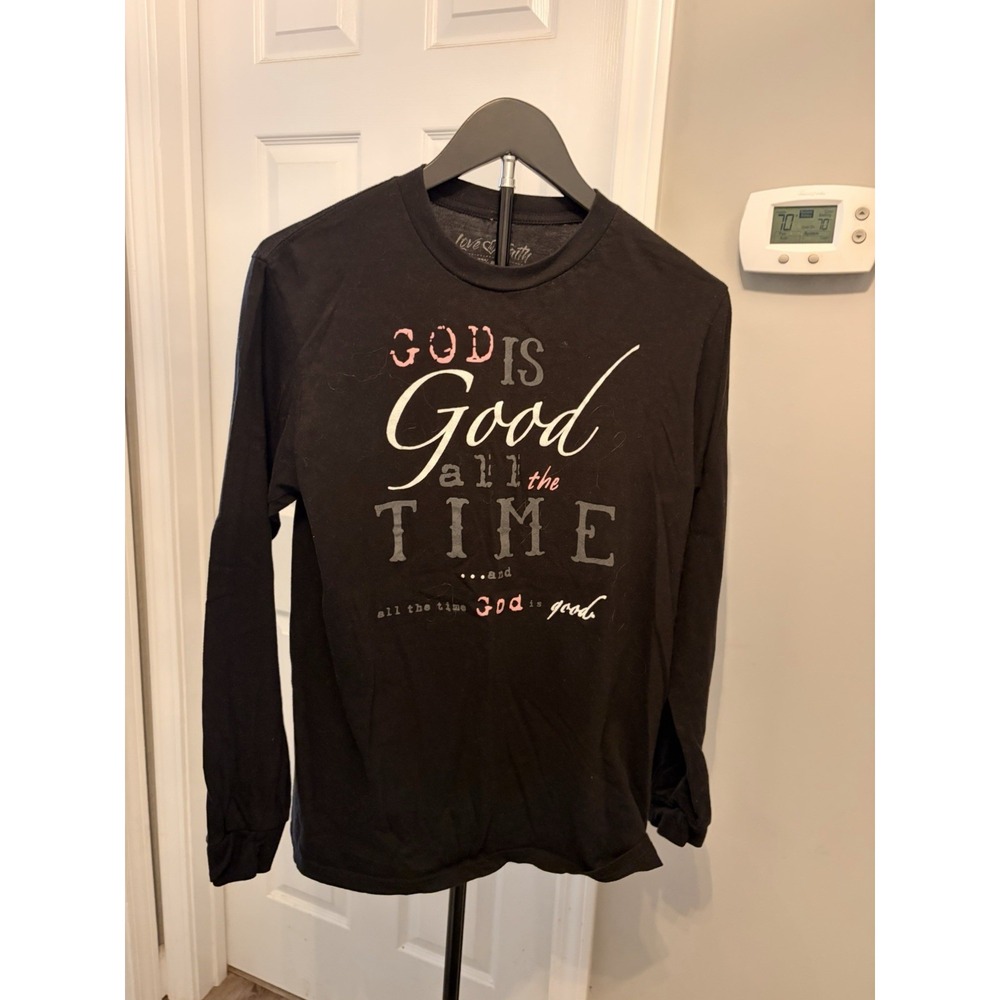 Love in Faith Long Sleeve Graphic Black T-Shirt Med God Is Good Christian Faith